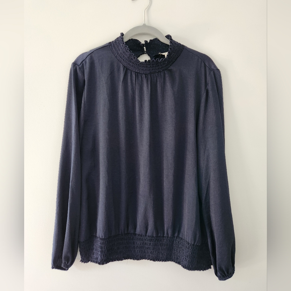 EUC Alex & Lili Gathered High Neck Navy Top w/ Long sleeves & gathered waist
